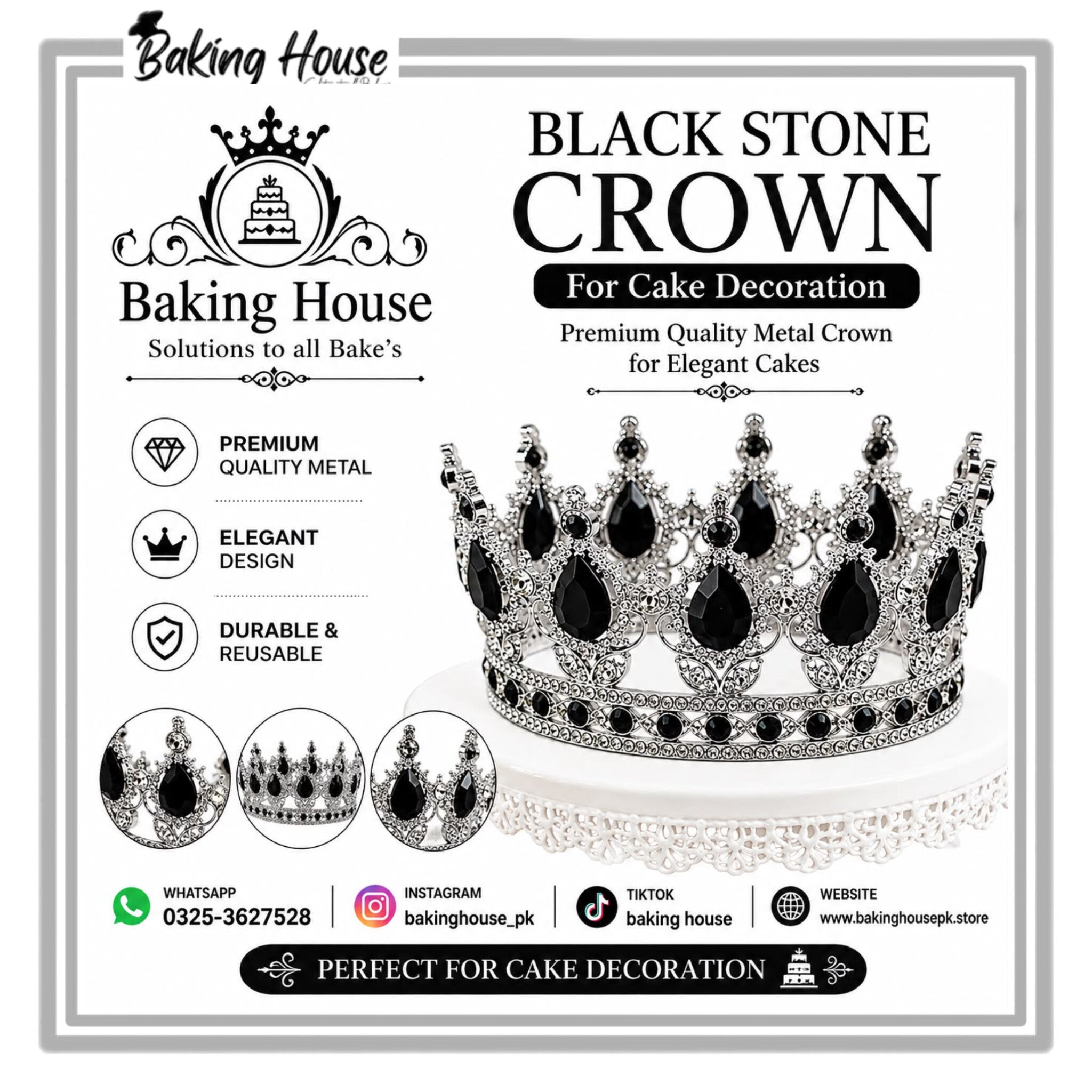 rn-image_picker_lib_temp_bdc9b68f-feaa-4c83-ad0c-b0780cc4e122-1.jpg Silver Metal Black Stone Crown 5.5inch For Cake Decorating - Image 1